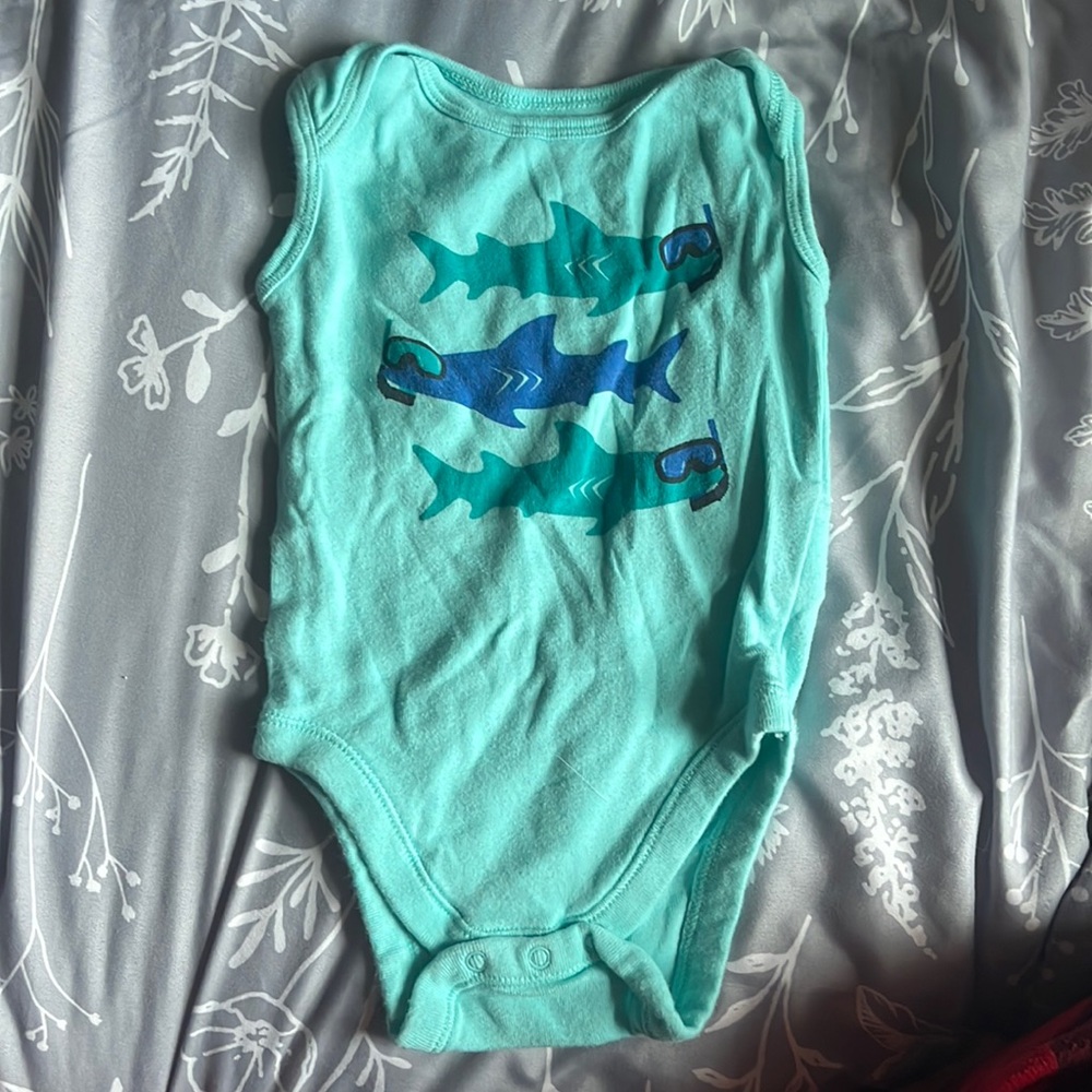 Adorable baby tank top bodysuit with sharks. Perfect for the beach